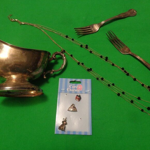 ANTIQUE SILVERPLATE CREAMER & 2 EARLY PLATED ORNATE FORKS NECKLACE CHARM… - Picture 1 of 12